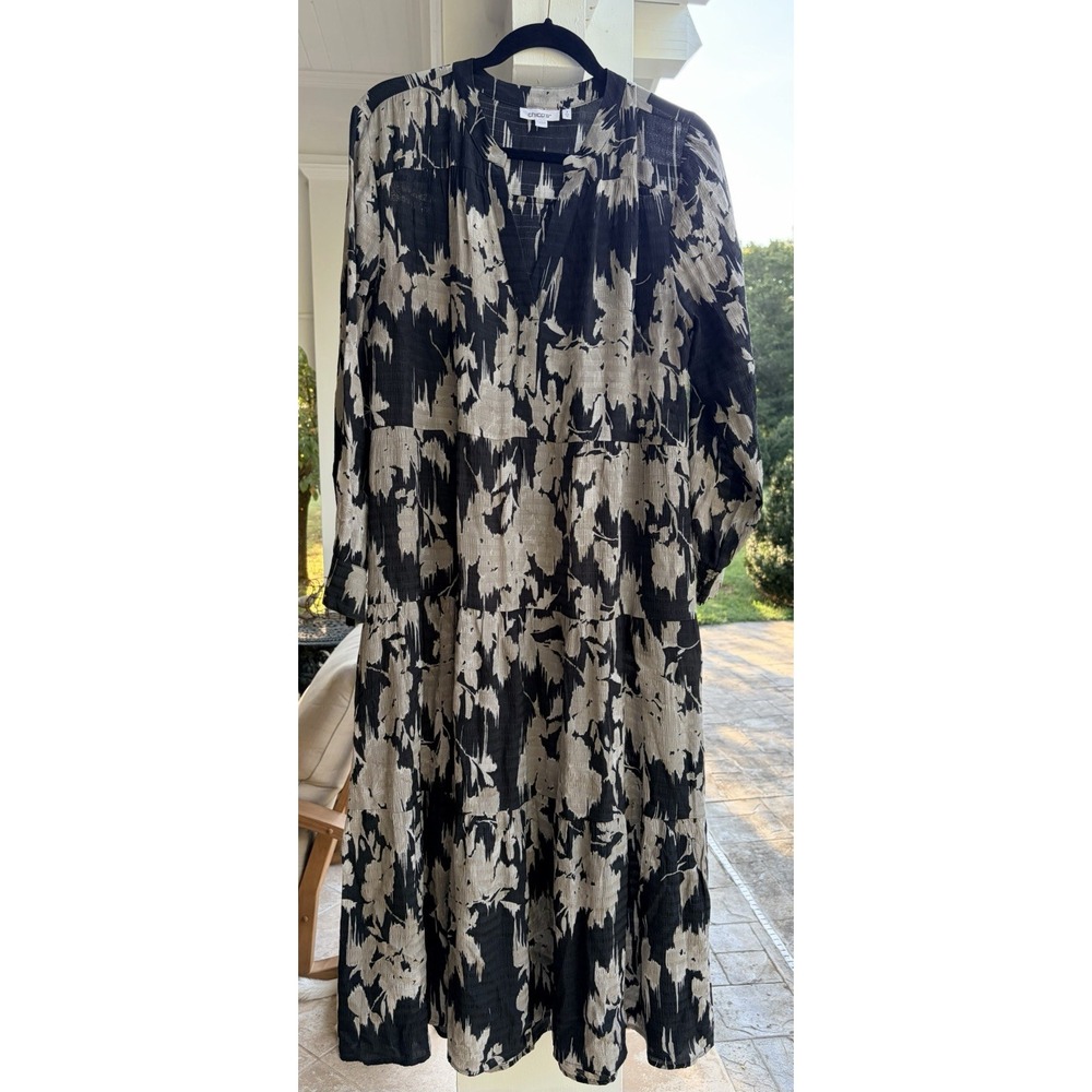 Chico's Black & Taupe Floral A-Line Maxi Dress Long Sleeve Round Neck Size 12